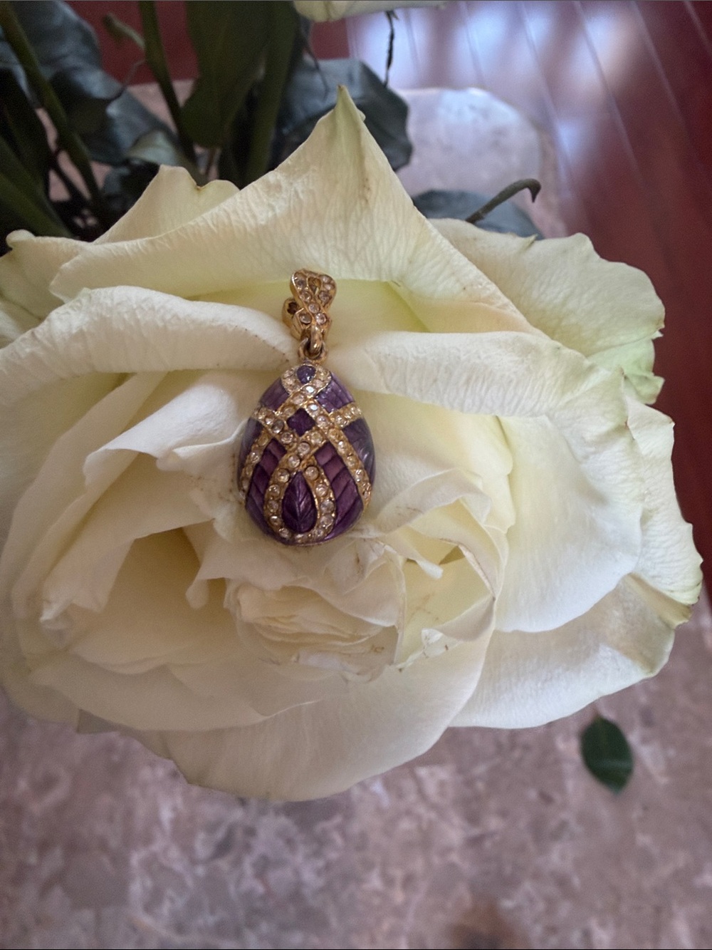 Gold-Tone Purple Russian Faberge Egg Necklace - Women Jewelry